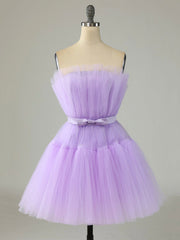 Purple Strapless Tulle Knee Length Party Dresses, A-Line Homecoming Dresses