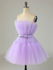 Purple Strapless Tulle Knee Length Party Dresses, A-Line Homecoming Dresses