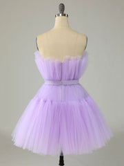 Purple Strapless Tulle Knee Length Party Dresses, A-Line Homecoming Dresses