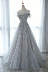 Gray Tulle Sequins Long Prom Dresses, Off the Shoulder Evening Dresses