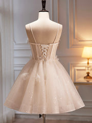 Champagne Spaghetti Strap Party Dresses, Cute A-Line Evening Dresses Homecoming Dresses