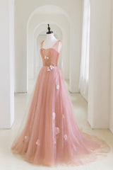 Pink Tulle Applique Long Evening Dresses, A-Line Junior Prom Dresses