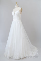 Long A-line Spaghetti Strap Applique Tulle Backless Wedding Dress