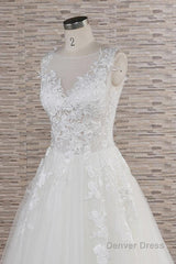 Long A-line Sweetheart Applqiues Lace Tulle Wedding Dress