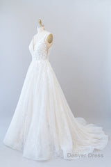 Long A-line V-neck Open Back Appliques Lace Tulle Wedding Dress