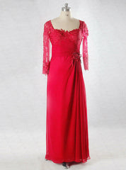 Long Chiffon Pleated Lace Sleeve Back Red Mother Of The Bride Dresses