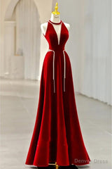 Long Halter V Neck Velvet Burgundy Evening Dress with Beading