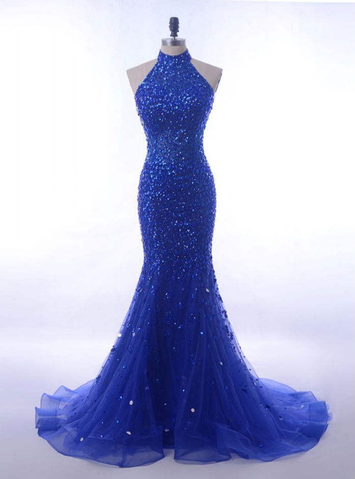 Long Royal Blue Mermaid Prom Dresses Halter For Formal Gowns