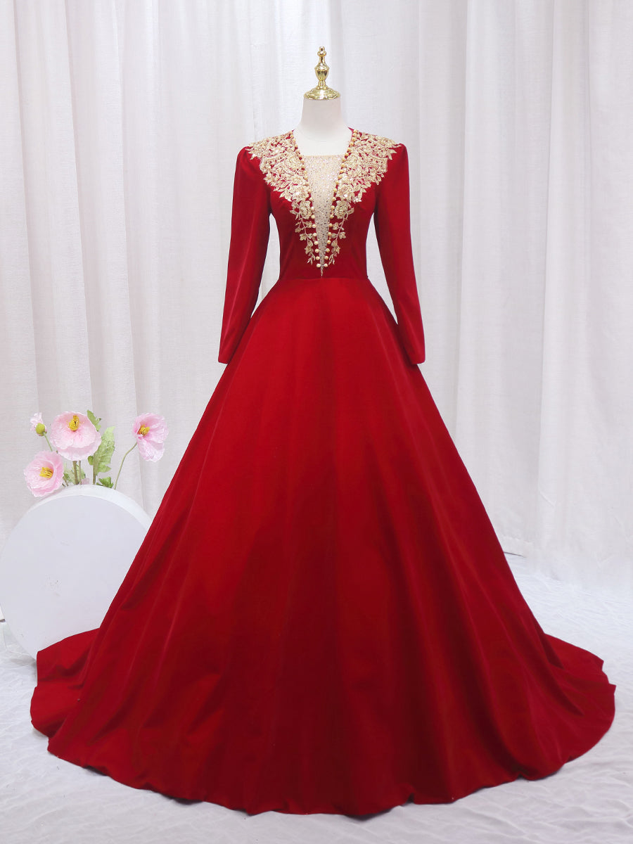 Long Sleeve Beading Prom Dress