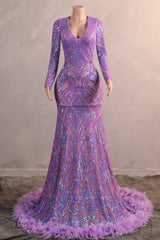 Long Sleeve Purple Prom Dresses for Teens Black Girls Luxury Feather Hem Plus Size Evening Gown Women's Sequin Party Dress