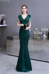 Long Sleeve V Neck Lace Prom Dresses Thin Cap Sleeve