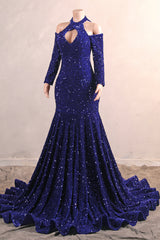 Long mouwen Royal Blue Prom Dresses Paillin Mermaid Long Dress