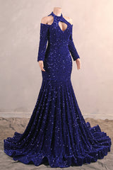 Long mouwen Royal Blue Prom Dresses Paillin Mermaid Long Dress