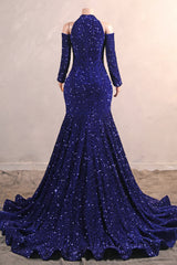 Long mouwen Royal Blue Prom Dresses Paillin Mermaid Long Dress