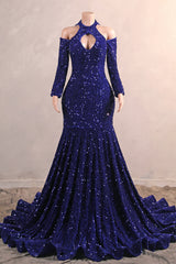 Long mouwen Royal Blue Prom Dresses Paillin Mermaid Long Dress