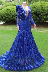 Long Sleeves Royal Blue Prom Dresses Sequin Mermaid Long Formal Dresses