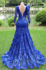 Mangas compridas vestidos de baile azul royal vestidos formais longos