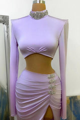 Long Sleeves Small Round Collar Prom Dresses Purple Beaded Long Chiffon