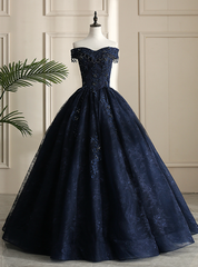 Looking For Cute And Stylish Navy Blue Ball Gown Tulle Lace Off the Shoulder Beading Quinceanera Dresses