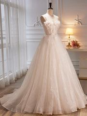 Spaghetti Strap Tulle Champagne Long Prom Dresses, Champagne Evening Party Dresses