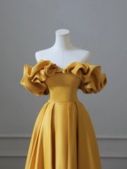 Yellow Satin Long Prom Dresses, Off Shoulder A-Line Evening Dresses