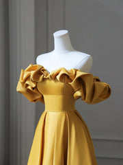 Yellow Satin Long Prom Dresses, Off Shoulder A-Line Evening Dresses