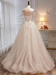 Spaghetti Strap Tulle Champagne Long Prom Dresses, Champagne Evening Party Dresses