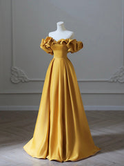 Yellow Satin Long Prom Dresses, Off Shoulder A-Line Evening Dresses