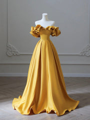 Yellow Satin Long Prom Dresses, Off Shoulder A-Line Evening Dresses