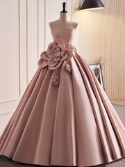 Pink Strapless Satin Long Prom Dresses, Beautiful A-Line Evening Dresses