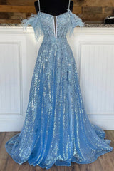 Blue Spaghetti Strap Sequined Lace Prom Dresses, Blue Lace-Up Evening Dresses