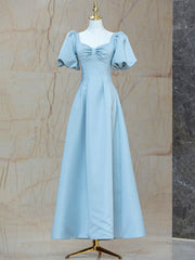 Blue Satin Pearl Long Prom Dresses, A-Line Blue Evening Party Dresses