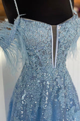 Blue Spaghetti Strap Sequined Lace Prom Dresses, Blue Lace-Up Evening Dresses