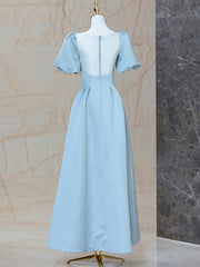 Blue Satin Pearl Long Prom Dresses, A-Line Blue Evening Party Dresses