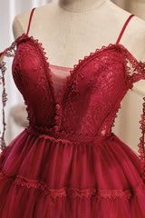 Burgundy Lace Short A-line Prom Dresses, Cute Spaghetti Strap Party Dresses