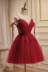 Burgundy Lace Short A-line Prom Dresses, Cute Spaghetti Strap Party Dresses