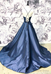 Blue Satin Long A-Line Prom Dress, Simple V-Neck Evening Dress