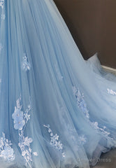 Blue Tulle Long A-Line Prom Dress, Off the Shoulder Evening Dress