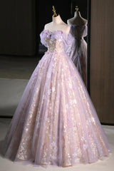 Lovely A-Line Off the Shoulder Sequins Prom Dresses, Purple Tulle Corset Floor Length Evening Dresses