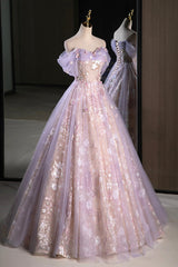 Lovely A-Line Off the Shoulder Sequins Prom Dresses, Purple Tulle Corset Floor Length Evening Dresses