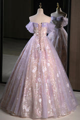 Lovely A-Line Off the Shoulder Sequins Prom Dresses, Purple Tulle Corset Floor Length Evening Dresses