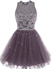 Lovely Beaded Tulle Homecoming Dresses, Short Prom Dresses