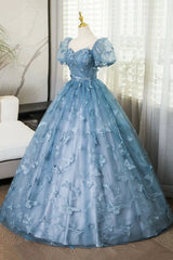 Lovely Blue Short Sleeves Long Party Dresses With Butterfly Lace, Blue Prom Dresses