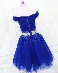 Lovely Blue Tulle Off Shoulder Short Prom Dresses, Homecoming Dresses