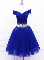 Lovely Blue Tulle Off Shoulder Short Prom Dresses, Homecoming Dresses