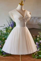 Lovely Champagne Knee Length Prom Dresses, A-Line V-Neck Bow Sleeveless Backless Party Dresses