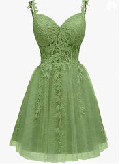 Lovely Green Sweetheart Beaded Straps Party Dresses, Green Tulle Homecoming Dresses