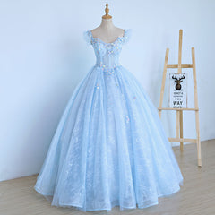 Lovely Light Blue Lace Cap Sleeve Sweet 16 Prom Dresses, Evening Dresses