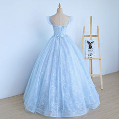 Lovely Light Blue Lace Cap Sleeve Sweet 16 Prom Dresses, Evening Dresses