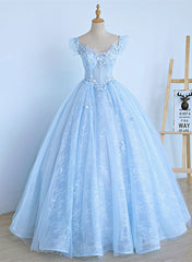 Lovely Light Blue Lace Cap Sleeve Sweet 16 Prom Dresses, Evening Dresses